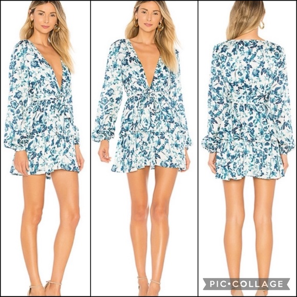 Majorelle Blue Floral Print Balloon Sleeve Plunge Tie Waist Ruffle Mini Dress - Picture 1 of 14